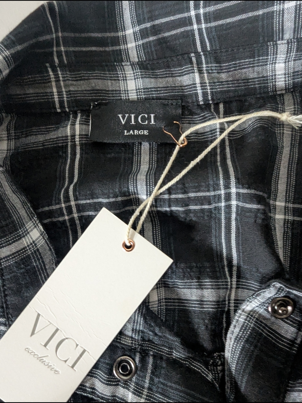 VICI Archie Cotton Plaid Shirt Dress Black Gray Long Sleeve Tie Waist Large NWT - Picture 4 of 8